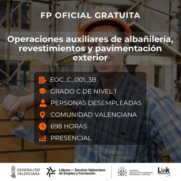 Curso de Operaciones auxiliares de albañilería, revestimientos y pavimentación exterior para desempleados - Link Formación