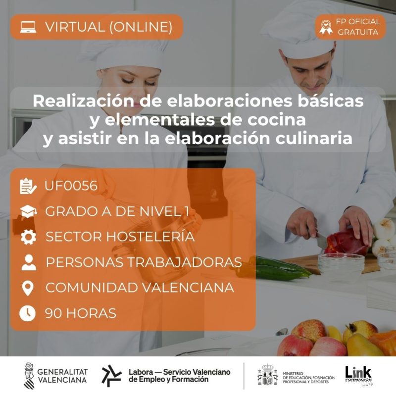 Curso de Realización de elaboraciones básicas y elementales de cocina y asistir en la elaboración culinaria para trabajadores - Link Formación