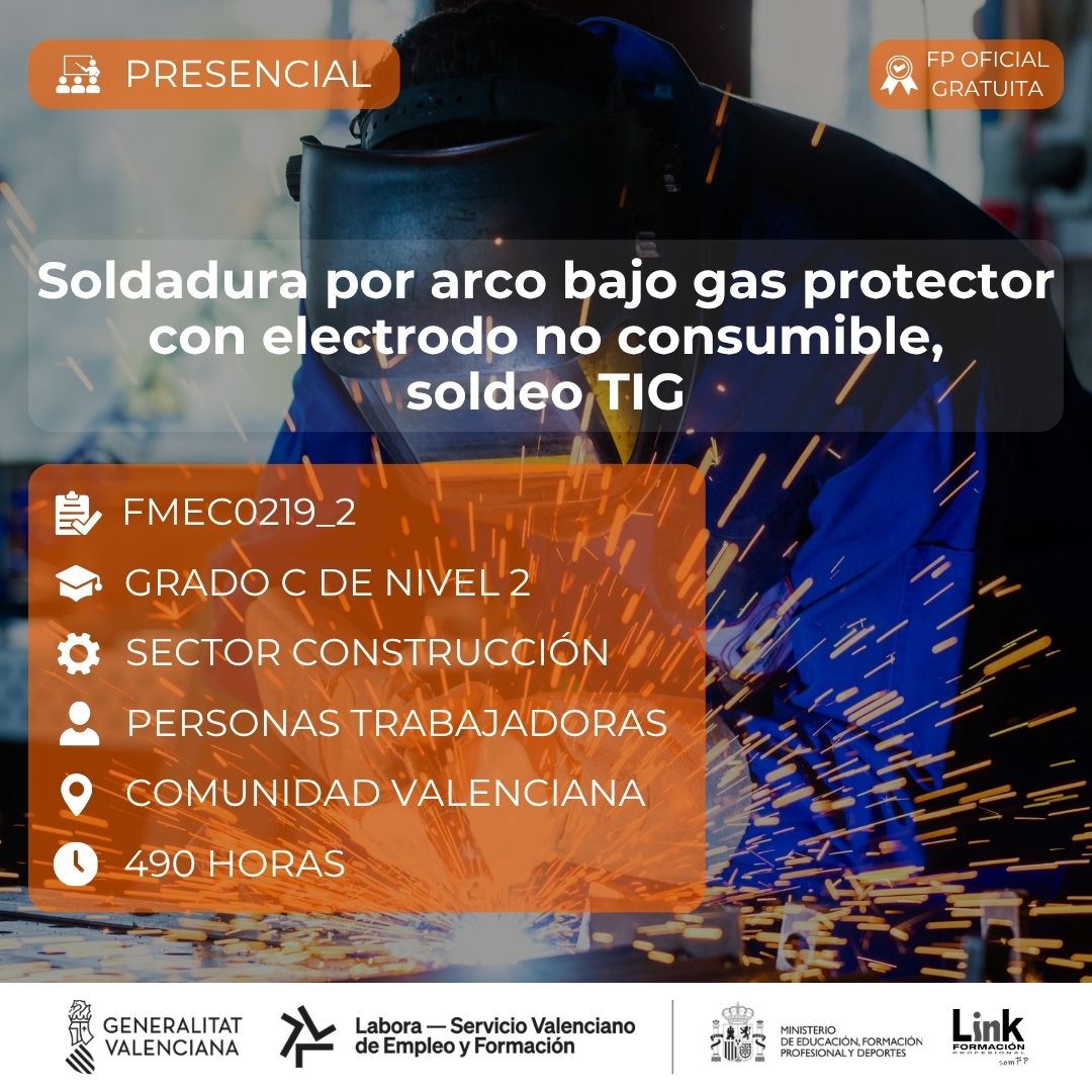 Curso de Soldadura por arco bajo gas protector con electrodo no consumible, soldeo TIG para trabajadores - Link Formación