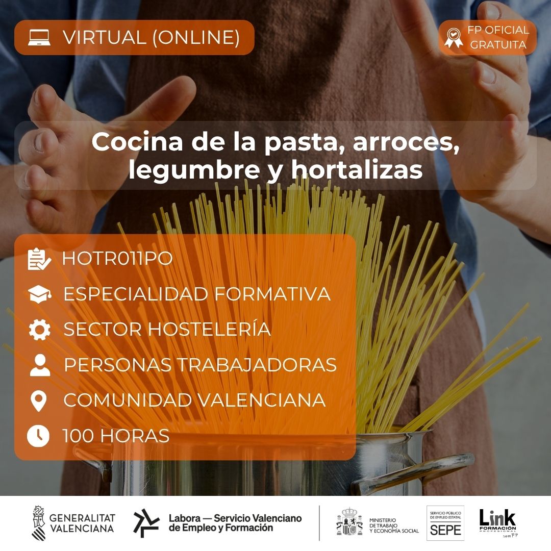 Curso de Cocina de la pasta, arroces, legumbre y hortalizas para trabajadores - Link Formación