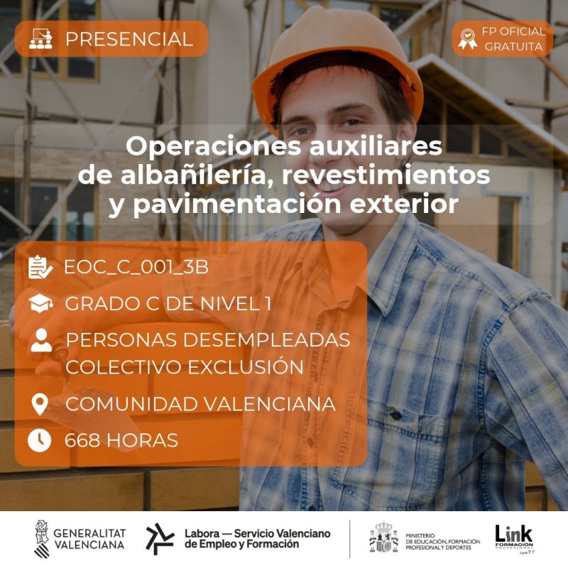 Curso de Operaciones auxiliares de albañilería para desempleados - Link Formación