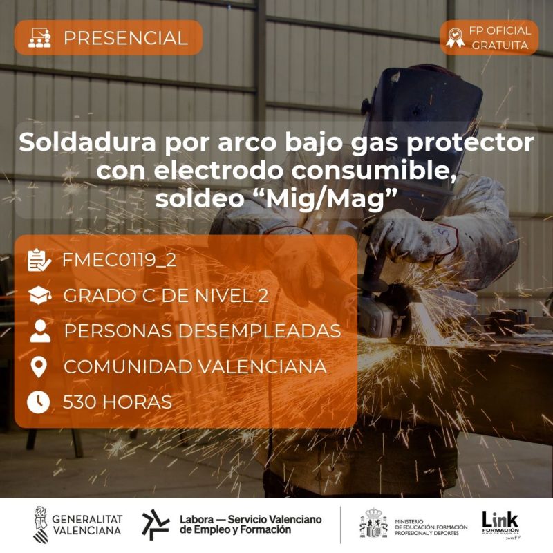 Curso de Soldadura por arco bajo gas protector con electrodo consumible, soldeo “Mig/Mag” para desempleados - Link Formación